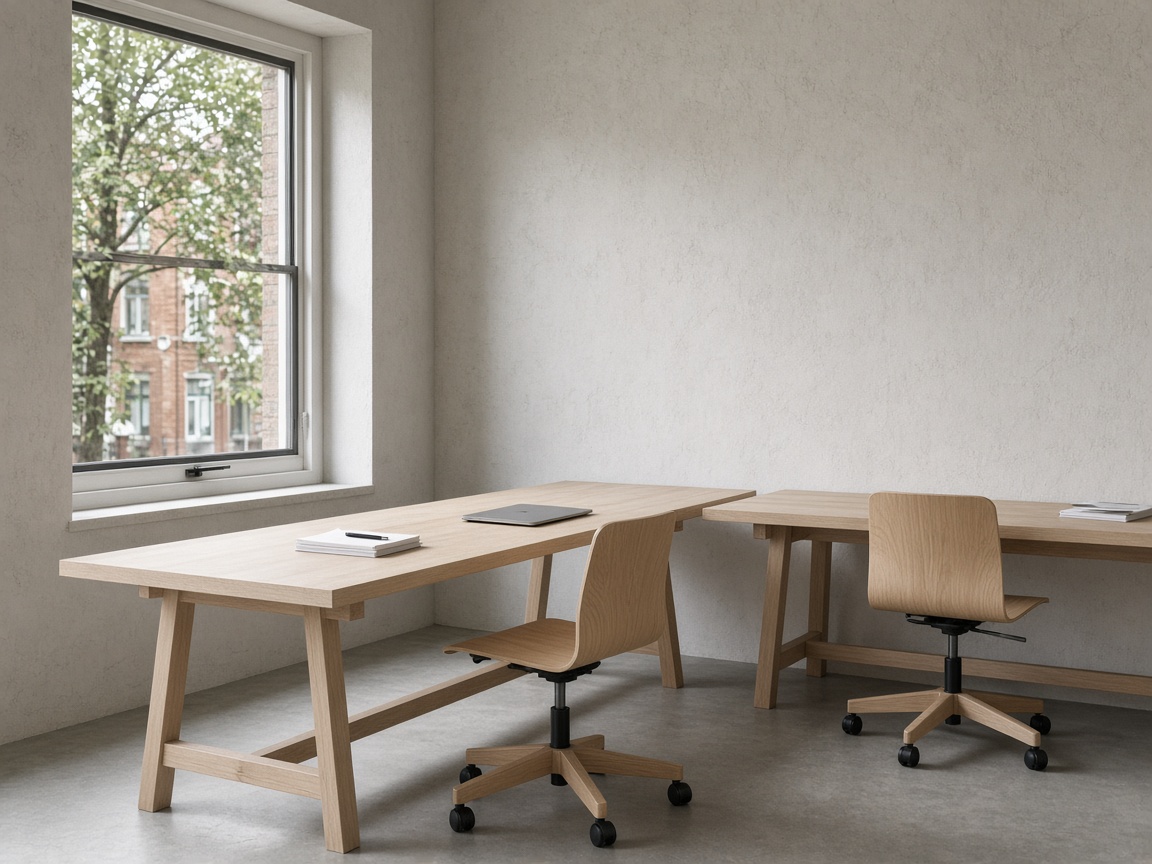 Espacio de trabajo luminoso, con mesas de madera y una ventana grande