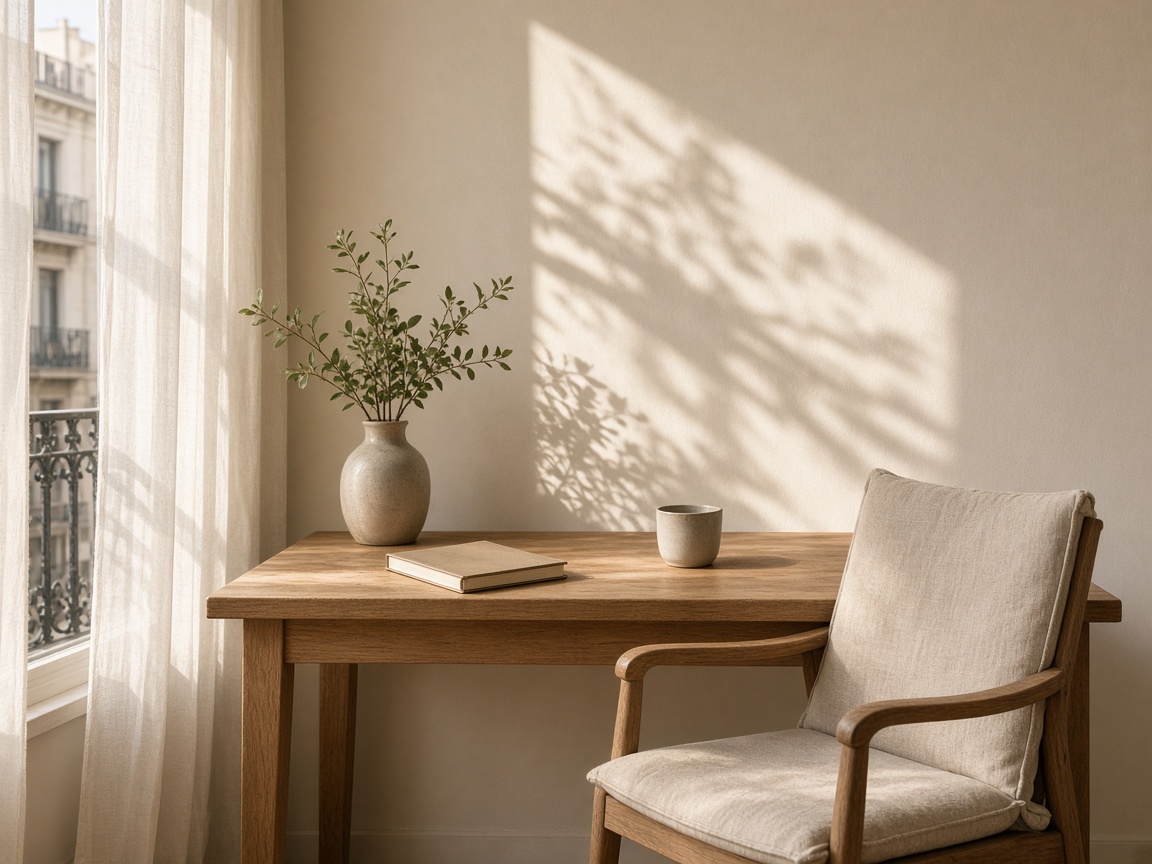 Despacho pequeño, con escritorio de madera, una silla y luz de día