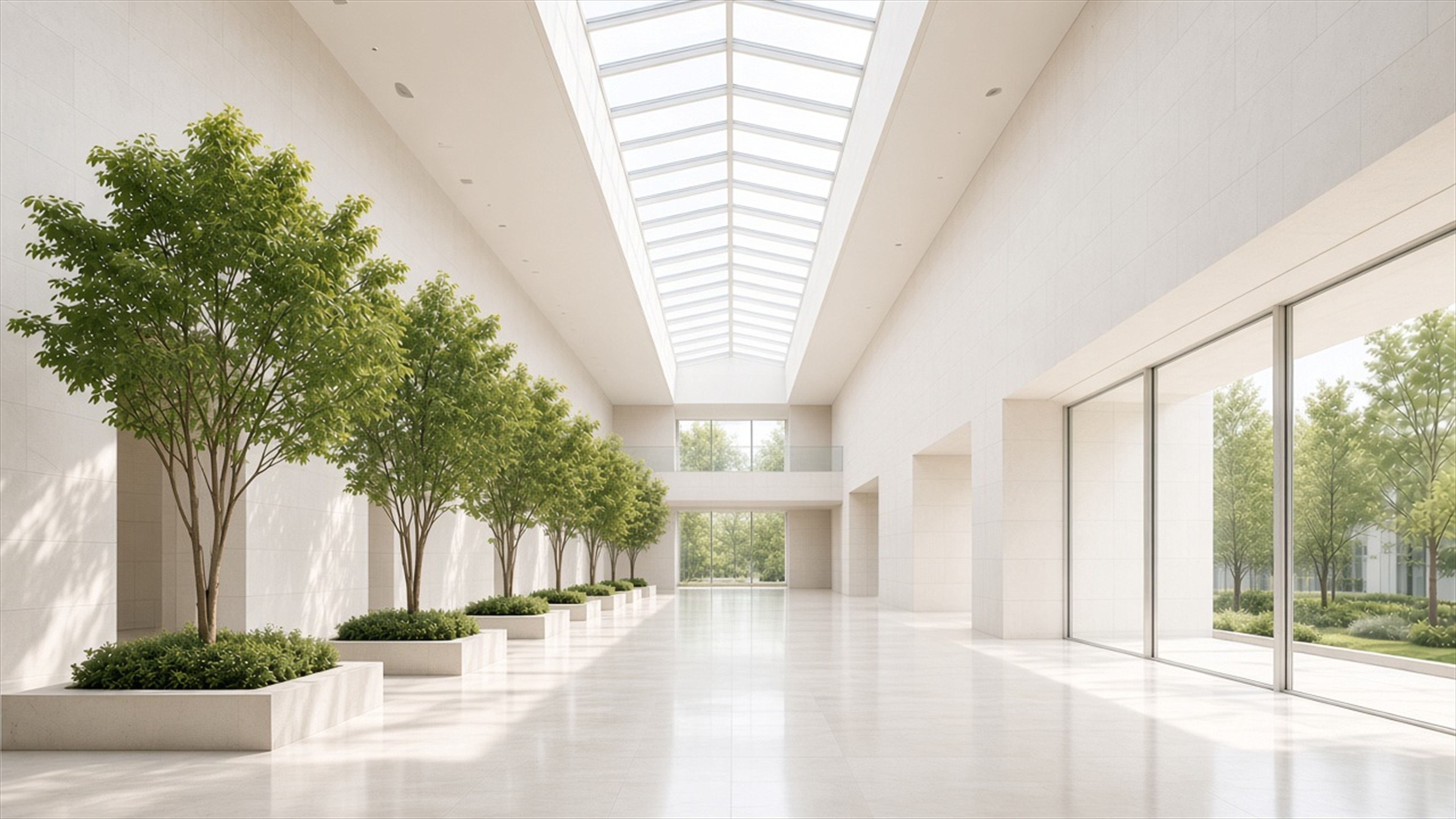 Galería blanca con lucernario lineal y árboles
