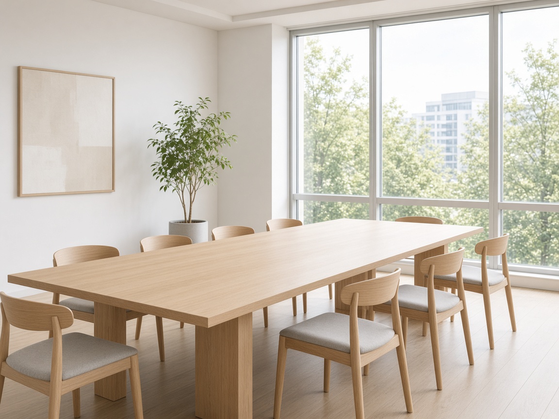 Sala de reuniones luminosa, con mesa de madera y grandes ventanales