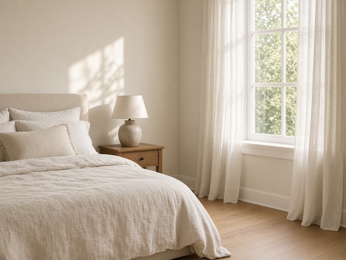 Dormitorio claro, con cama de lino y luz de mañana